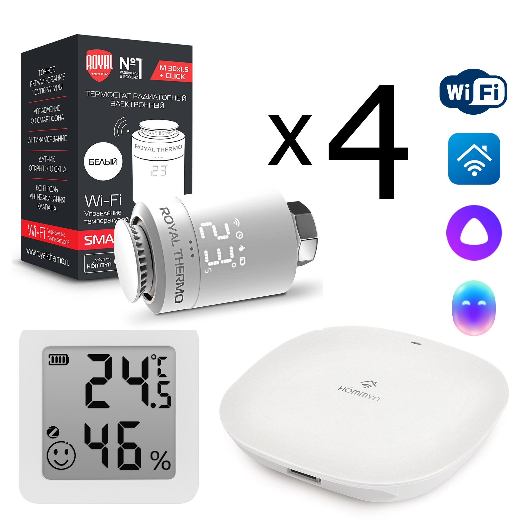Комплект управления Royal Thermo для 4 радиаторов по Wi-Fi Smart Heat HH-01/THS30ZB, белый